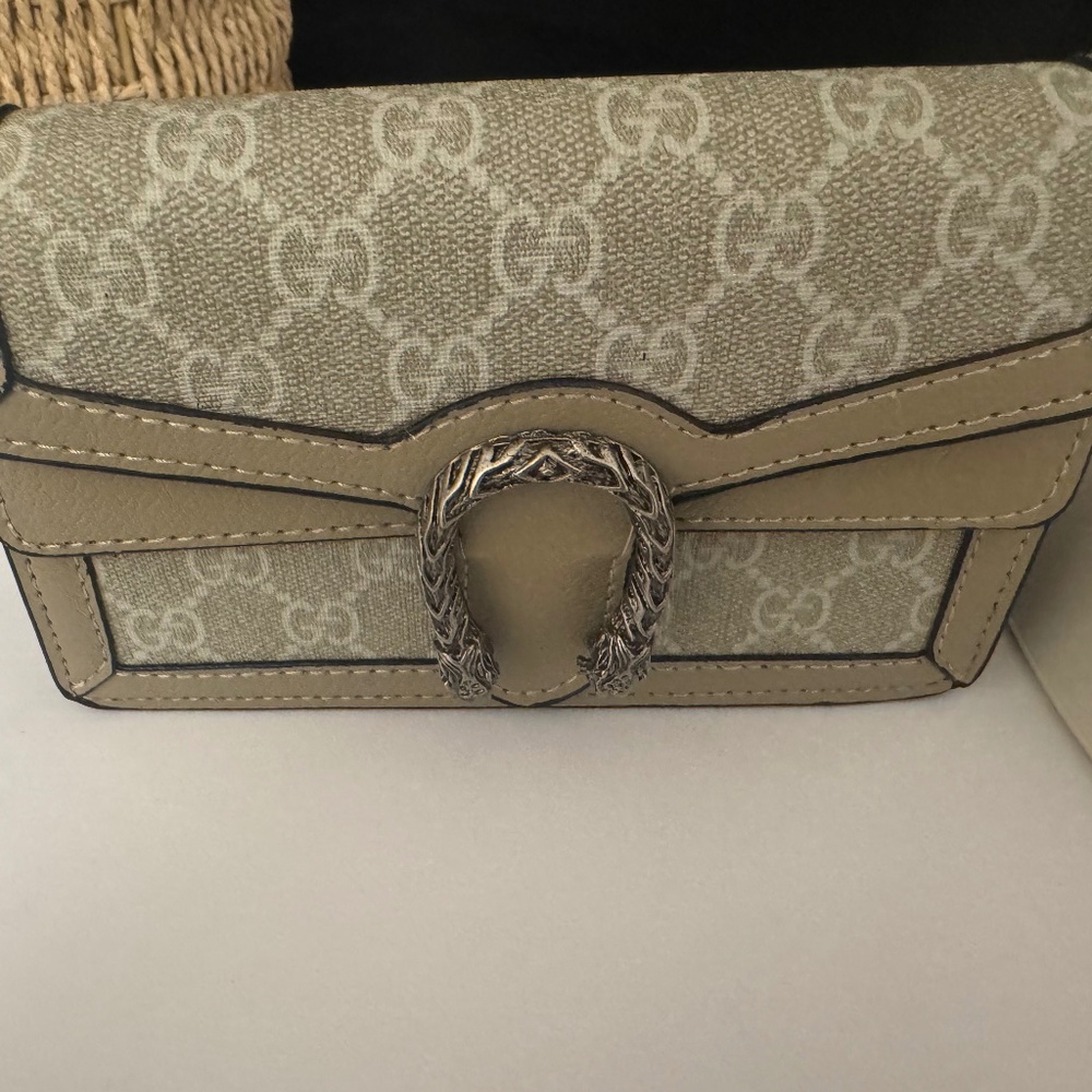 Gucci Mini Shoulder Bag in Beige Monogram with Silver-Tone Horsebit